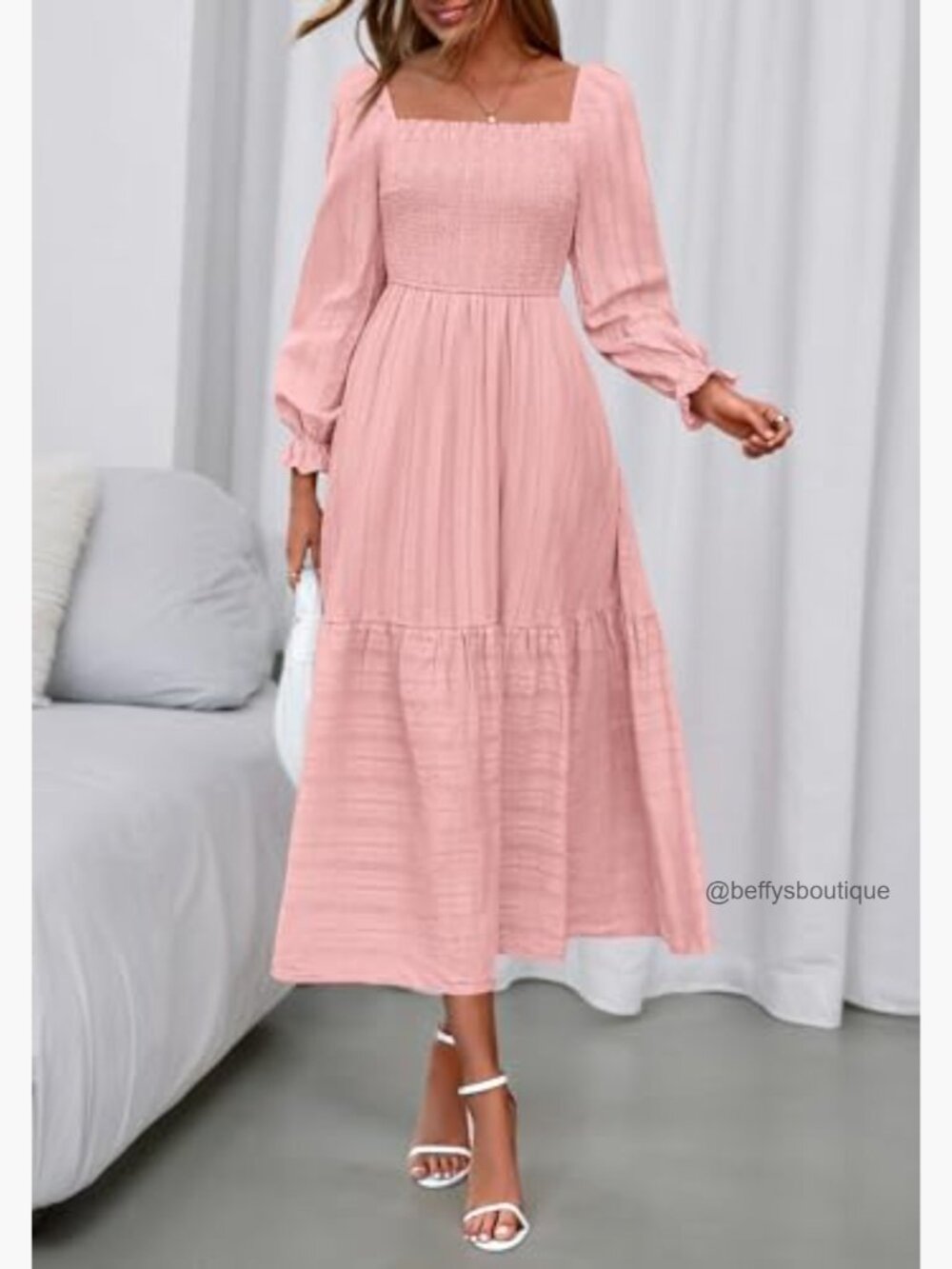 Square Neck Smocked Maxi Dress Long Sleeve Boho A-Line with Pockets - Picture 4 of 7